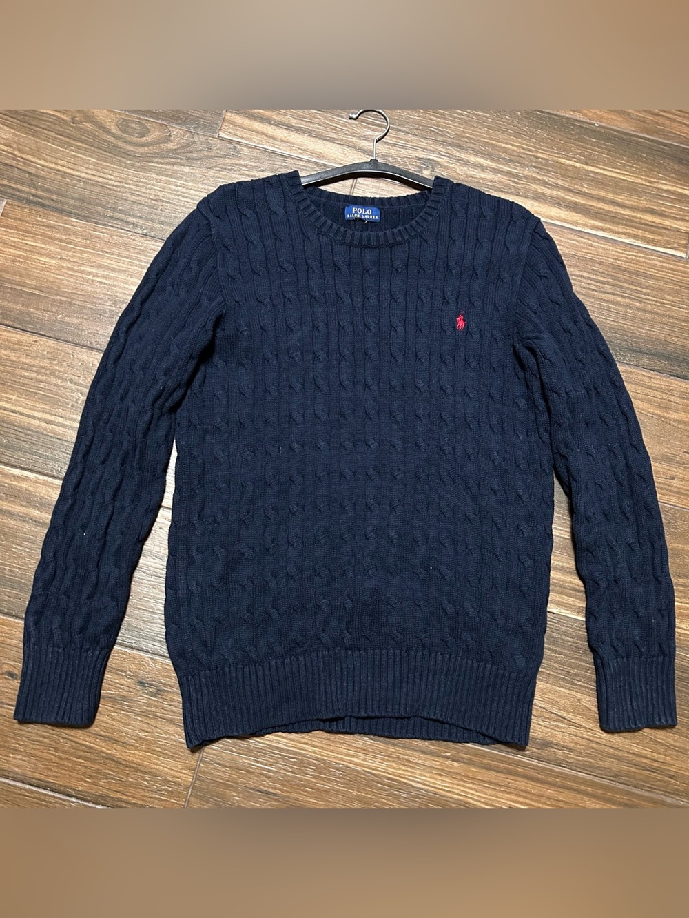 Polo Ralph Lauren Big Boys Cable Knit Sweater Large 14 16 Navy Red Pony